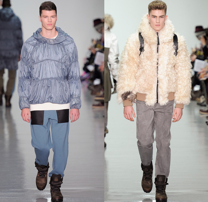 Christopher Raeburn 2014-2015 Fall Autumn Winter Mens Runway Looks Fashion - London Collections - Oversized Outerwear Coat Hoodie Parka Arctic Military Furry Down Puffer Bomber Jacket Duffel Bag Waffle Quilted Tuxedo Stripe Cargo Pockets Polar Bear