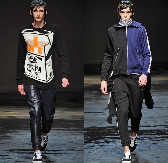 Christopher Shannon 2014-2015 Fall Autumn Winter Mens Runway Looks Fashion - London Collections - Knit Graphic Sweater Jumper Sweatshirt Athletic Sporty Pointed Collar Manskirt Kilt Androgyny Multi-Panel Sixties Flowers Florals Print Checks Tracksuit Running Shorts Outerwear Hoodie Parka Oversized Down Puffer Jacket Sneakers