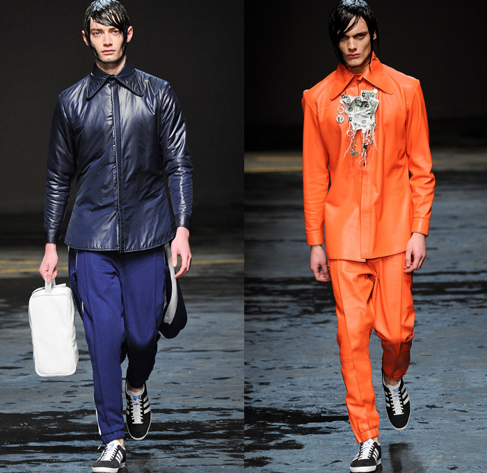 Christopher Shannon 2014-2015 Fall Autumn Winter Mens Runway Looks Fashion - London Collections - Knit Graphic Sweater Jumper Sweatshirt Athletic Sporty Pointed Collar Manskirt Kilt Androgyny Multi-Panel Sixties Flowers Florals Print Checks Tracksuit Running Shorts Outerwear Hoodie Parka Oversized Down Puffer Jacket Sneakers