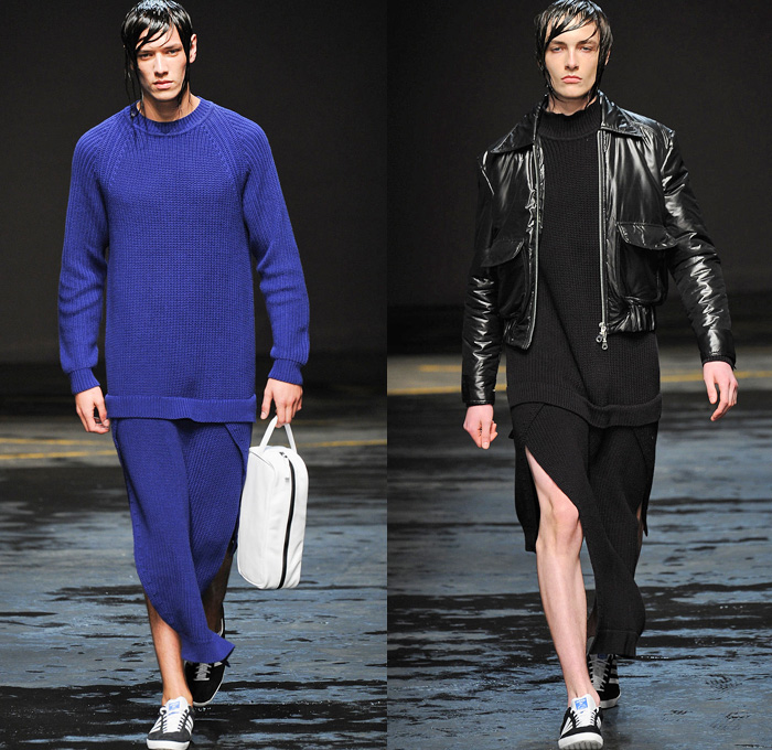 Christopher Shannon 2014-2015 Fall Autumn Winter Mens Runway Looks Fashion - London Collections - Knit Graphic Sweater Jumper Sweatshirt Athletic Sporty Pointed Collar Manskirt Kilt Androgyny Multi-Panel Sixties Flowers Florals Print Checks Tracksuit Running Shorts Outerwear Hoodie Parka Oversized Down Puffer Jacket Sneakers