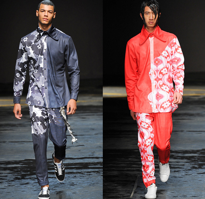 Christopher Shannon 2014-2015 Fall Autumn Winter Mens Runway Looks Fashion - London Collections - Knit Graphic Sweater Jumper Sweatshirt Athletic Sporty Pointed Collar Manskirt Kilt Androgyny Multi-Panel Sixties Flowers Florals Print Checks Tracksuit Running Shorts Outerwear Hoodie Parka Oversized Down Puffer Jacket Sneakers