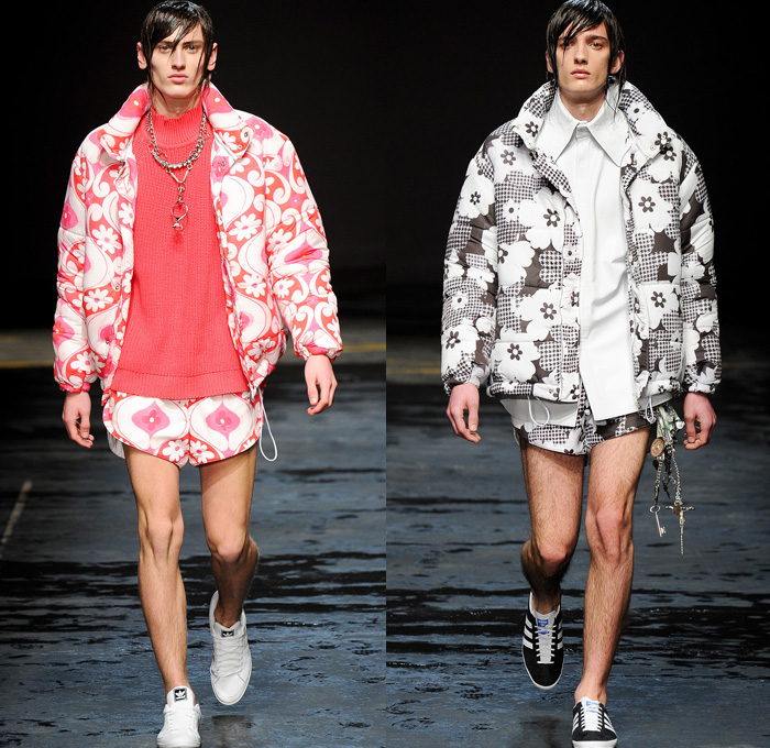 Christopher Shannon 2014-2015 Fall Autumn Winter Mens Runway Looks Fashion - London Collections - Knit Graphic Sweater Jumper Sweatshirt Athletic Sporty Pointed Collar Manskirt Kilt Androgyny Multi-Panel Sixties Flowers Florals Print Checks Tracksuit Running Shorts Outerwear Hoodie Parka Oversized Down Puffer Jacket Sneakers