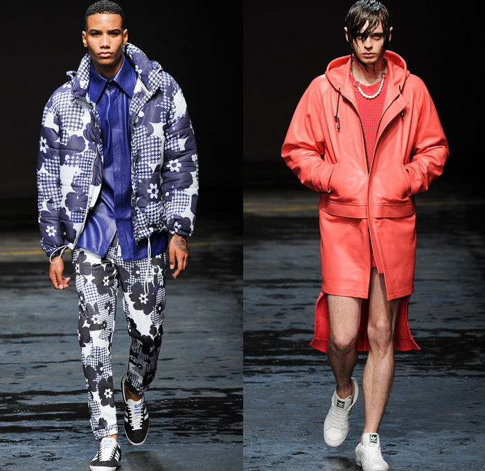 Christopher Shannon 2014-2015 Fall Autumn Winter Mens Runway Looks Fashion - London Collections - Knit Graphic Sweater Jumper Sweatshirt Athletic Sporty Pointed Collar Manskirt Kilt Androgyny Multi-Panel Sixties Flowers Florals Print Checks Tracksuit Running Shorts Outerwear Hoodie Parka Oversized Down Puffer Jacket Sneakers