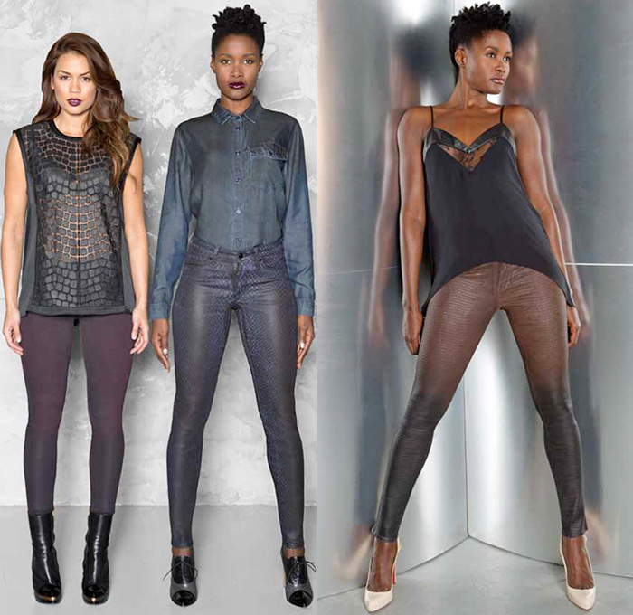 (01a) Joy Legging in Cherry Wine (left) - Unity Classic Denim Shirt in Sledge - Joy Legging in Purple Haze (right) - (01b) Wisdom Ankle Skinny in Chestnut - Cj by Cookie Johnson 2014-2015 Fall Autumn Winter Womens Lookbook Fashion Collection - Denim Jeans Colored Coated Printed Leggings Shirt Ankle Skinny Jacket Grunge Flowers Floral Ornamental Print Decorative Art Reptile Alligator Crocodile