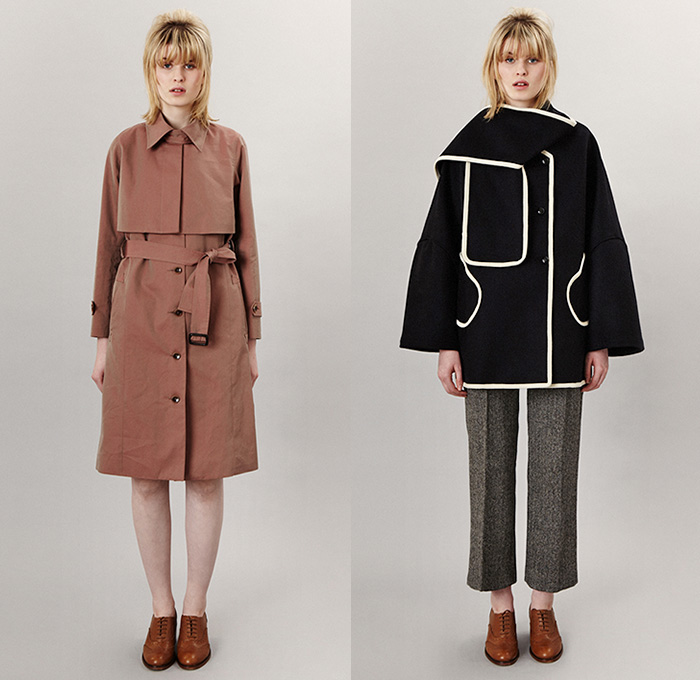 (05a) Gabardine Two Piece Trench Dress Coat - (05b) Heavy Melton A Line Poncho - Colenimo 2014-2015 Fall Autumn Winter Womens Lookbook - Fashion Collection London United Kingdom - Onesie Bib Brace Dungarees Sailor Collar Checks Shirt Skirt Frock Crepe Pleats Cropped Pants Trousers Hat Cardigan Sweater Patchwork Vintage Silk Jacket Work Jacket Two Piece Trench Coat Trenchdress Dress Coat Outerwear Coatdress Cloak Poncho Shorts Print