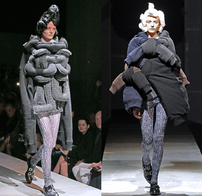 Comme des Garçons 2014-2015 Fall Autumn Winter Womens Runway Looks - Paris Fashion Week Mode à Paris Prêt à Porter Défilés - Pinstripes Chunky Knits Wrap Tie Up Weave Outerwear Coat Leggings Octopus Entangled Sweater Jumper Oversized Shorts Over Leggings Crop Top Midriff Suit Blazer Circle Skirt Poodle Skirt Puffy Cardigan Holes 3D