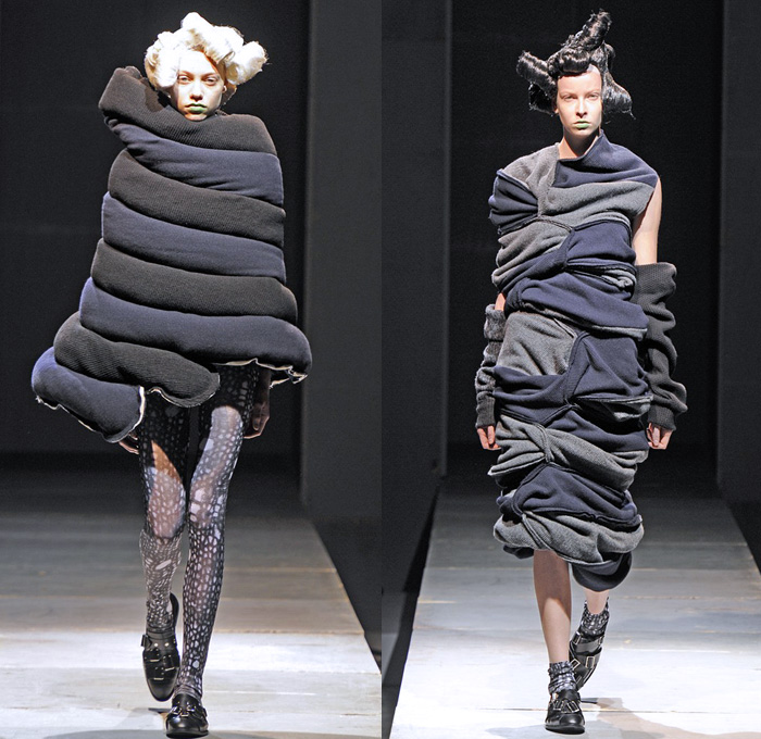 Comme des Garçons 2014-2015 Fall Autumn Winter Womens Runway Looks - Paris Fashion Week Mode à Paris Prêt à Porter Défilés - Pinstripes Chunky Knits Wrap Tie Up Weave Outerwear Coat Leggings Octopus Entangled Sweater Jumper Oversized Shorts Over Leggings Crop Top Midriff Suit Blazer Circle Skirt Poodle Skirt Puffy Cardigan Holes 3D