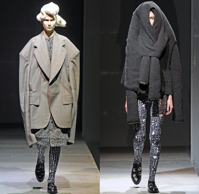 Comme des Garçons 2014-2015 Fall Autumn Winter Womens Runway Looks - Paris Fashion Week Mode à Paris Prêt à Porter Défilés - Pinstripes Chunky Knits Wrap Tie Up Weave Outerwear Coat Leggings Octopus Entangled Sweater Jumper Oversized Shorts Over Leggings Crop Top Midriff Suit Blazer Circle Skirt Poodle Skirt Puffy Cardigan Holes 3D