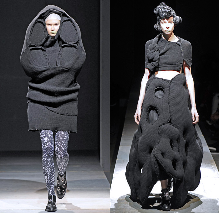 Comme des Garçons 2014-2015 Fall Autumn Winter Womens Runway Looks - Paris Fashion Week Mode à Paris Prêt à Porter Défilés - Pinstripes Chunky Knits Wrap Tie Up Weave Outerwear Coat Leggings Octopus Entangled Sweater Jumper Oversized Shorts Over Leggings Crop Top Midriff Suit Blazer Circle Skirt Poodle Skirt Puffy Cardigan Holes 3D