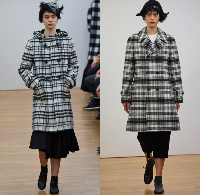 Comme des Garçons Comme des Garçons 2014-2015 Fall Autumn Winter Womens Runway Looks - Paris Fashion Week Mode à Paris Prêt à Porter Défilés - Checks Ribbon Pleated Skirt Outerwear Coat Blazer Coat Culottes Gauchos Plaid Oversized Capecoat Peacoat Trench Coat Topcoat Cape Cloak Mantle Zipper Asymmetrical Hoodie Skirt Frock Dress Pinstripe