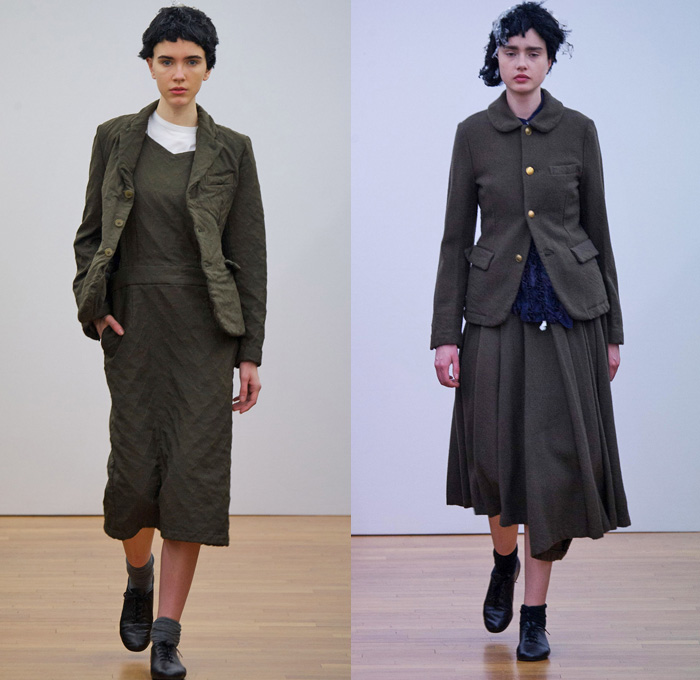 Comme des Garçons Comme des Garçons 2014-2015 Fall Autumn Winter Womens Runway Looks - Paris Fashion Week Mode à Paris Prêt à Porter Défilés - Checks Ribbon Pleated Skirt Outerwear Coat Blazer Coat Culottes Gauchos Plaid Oversized Capecoat Peacoat Trench Coat Topcoat Cape Cloak Mantle Zipper Asymmetrical Hoodie Skirt Frock Dress Pinstripe