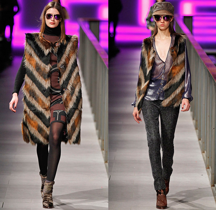 Custo Barcelona 2014-2015 Fall Autumn Winter Womens Runway Looks Fashion - 080 Barcelona Fashion Week - Furry Stripes Camouflage Outerwear Coat Vest Waistcoat Dress Skirt Frock Sheer Chiffon Mesh Lace Peekaboo Blouse Wool Leggings Prints Ornamental Embellished Embroidery Multi-Panel Half n Half Abstract Geometric Flowers Florals Fringes Tunic