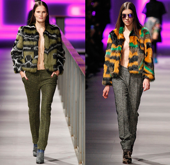 Custo Barcelona 2014-2015 Fall Autumn Winter Womens Runway Looks Fashion - 080 Barcelona Fashion Week - Furry Stripes Camouflage Outerwear Coat Vest Waistcoat Dress Skirt Frock Sheer Chiffon Mesh Lace Peekaboo Blouse Wool Leggings Prints Ornamental Embellished Embroidery Multi-Panel Half n Half Abstract Geometric Flowers Florals Fringes Tunic