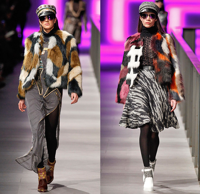 Custo Barcelona 2014-2015 Fall Autumn Winter Womens Runway Looks Fashion - 080 Barcelona Fashion Week - Furry Stripes Camouflage Outerwear Coat Vest Waistcoat Dress Skirt Frock Sheer Chiffon Mesh Lace Peekaboo Blouse Wool Leggings Prints Ornamental Embellished Embroidery Multi-Panel Half n Half Abstract Geometric Flowers Florals Fringes Tunic