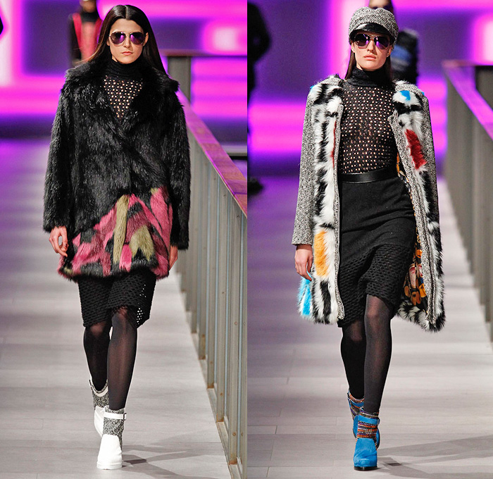 Custo Barcelona 2014-2015 Fall Autumn Winter Womens Runway Looks Fashion - 080 Barcelona Fashion Week - Furry Stripes Camouflage Outerwear Coat Vest Waistcoat Dress Skirt Frock Sheer Chiffon Mesh Lace Peekaboo Blouse Wool Leggings Prints Ornamental Embellished Embroidery Multi-Panel Half n Half Abstract Geometric Flowers Florals Fringes Tunic