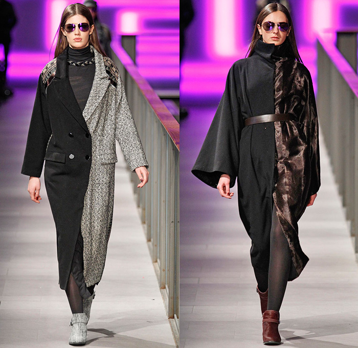 Custo Barcelona 2014-2015 Fall Autumn Winter Womens Runway Looks Fashion - 080 Barcelona Fashion Week - Furry Stripes Camouflage Outerwear Coat Vest Waistcoat Dress Skirt Frock Sheer Chiffon Mesh Lace Peekaboo Blouse Wool Leggings Prints Ornamental Embellished Embroidery Multi-Panel Half n Half Abstract Geometric Flowers Florals Fringes Tunic