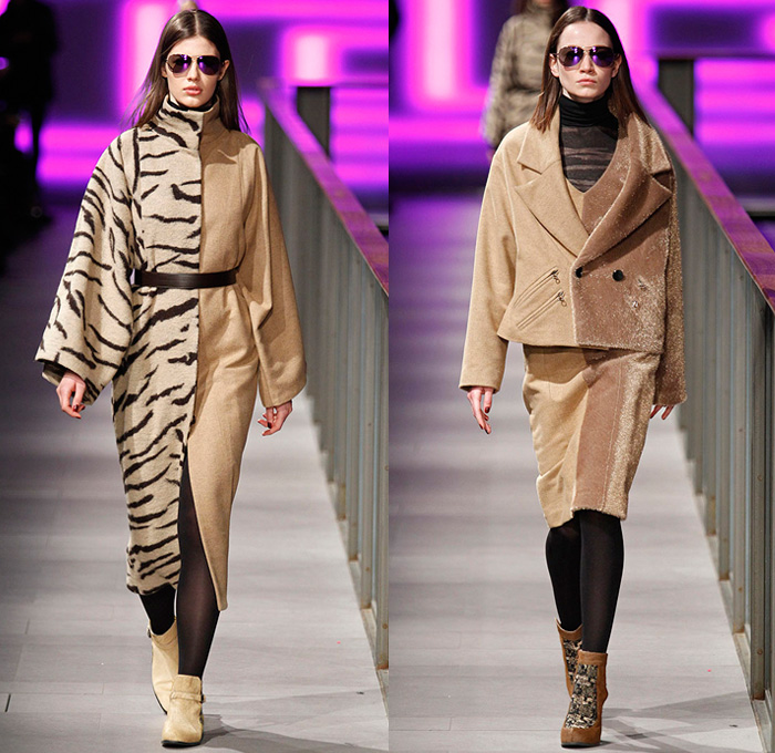 Custo Barcelona 2014-2015 Fall Autumn Winter Womens Runway Looks Fashion - 080 Barcelona Fashion Week - Furry Stripes Camouflage Outerwear Coat Vest Waistcoat Dress Skirt Frock Sheer Chiffon Mesh Lace Peekaboo Blouse Wool Leggings Prints Ornamental Embellished Embroidery Multi-Panel Half n Half Abstract Geometric Flowers Florals Fringes Tunic