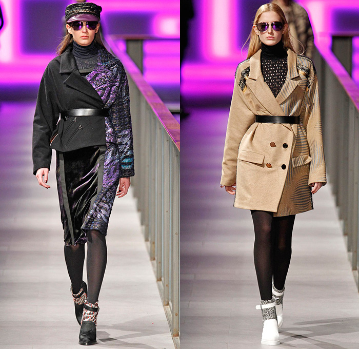 Custo Barcelona 2014-2015 Fall Autumn Winter Womens Runway Looks Fashion - 080 Barcelona Fashion Week - Furry Stripes Camouflage Outerwear Coat Vest Waistcoat Dress Skirt Frock Sheer Chiffon Mesh Lace Peekaboo Blouse Wool Leggings Prints Ornamental Embellished Embroidery Multi-Panel Half n Half Abstract Geometric Flowers Florals Fringes Tunic