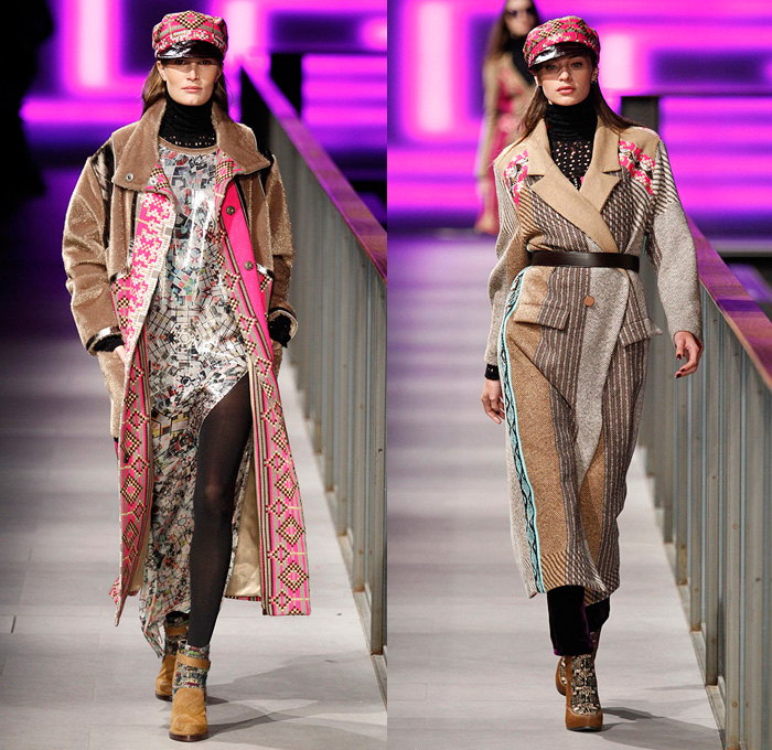 Custo Barcelona 2014-2015 Fall Autumn Winter Womens Runway Looks Fashion - 080 Barcelona Fashion Week - Furry Stripes Camouflage Outerwear Coat Vest Waistcoat Dress Skirt Frock Sheer Chiffon Mesh Lace Peekaboo Blouse Wool Leggings Prints Ornamental Embellished Embroidery Multi-Panel Half n Half Abstract Geometric Flowers Florals Fringes Tunic