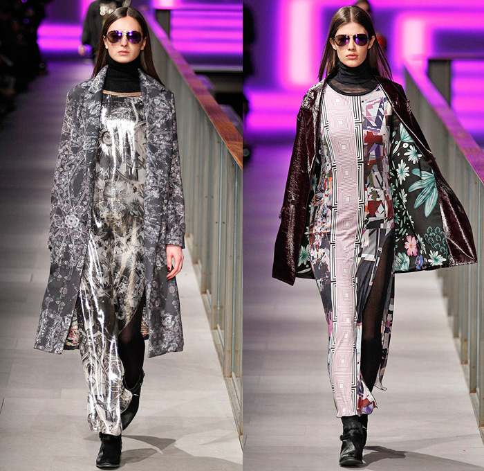 Custo Barcelona 2014-2015 Fall Autumn Winter Womens Runway Looks Fashion - 080 Barcelona Fashion Week - Furry Stripes Camouflage Outerwear Coat Vest Waistcoat Dress Skirt Frock Sheer Chiffon Mesh Lace Peekaboo Blouse Wool Leggings Prints Ornamental Embellished Embroidery Multi-Panel Half n Half Abstract Geometric Flowers Florals Fringes Tunic