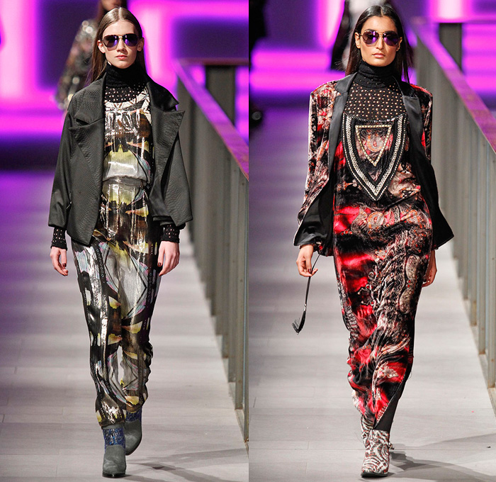 Custo Barcelona 2014-2015 Fall Autumn Winter Womens Runway Looks Fashion - 080 Barcelona Fashion Week - Furry Stripes Camouflage Outerwear Coat Vest Waistcoat Dress Skirt Frock Sheer Chiffon Mesh Lace Peekaboo Blouse Wool Leggings Prints Ornamental Embellished Embroidery Multi-Panel Half n Half Abstract Geometric Flowers Florals Fringes Tunic