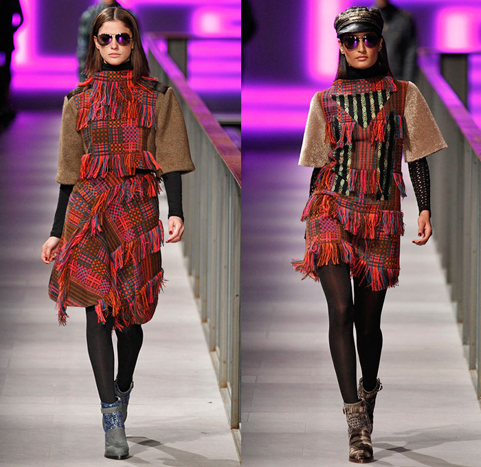 Custo Barcelona 2014-2015 Fall Autumn Winter Womens Runway Looks Fashion - 080 Barcelona Fashion Week - Furry Stripes Camouflage Outerwear Coat Vest Waistcoat Dress Skirt Frock Sheer Chiffon Mesh Lace Peekaboo Blouse Wool Leggings Prints Ornamental Embellished Embroidery Multi-Panel Half n Half Abstract Geometric Flowers Florals Fringes Tunic