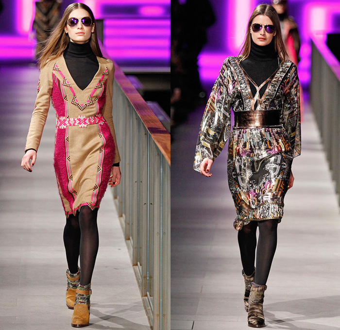 Custo Barcelona 2014-2015 Fall Autumn Winter Womens Runway Looks Fashion - 080 Barcelona Fashion Week - Furry Stripes Camouflage Outerwear Coat Vest Waistcoat Dress Skirt Frock Sheer Chiffon Mesh Lace Peekaboo Blouse Wool Leggings Prints Ornamental Embellished Embroidery Multi-Panel Half n Half Abstract Geometric Flowers Florals Fringes Tunic