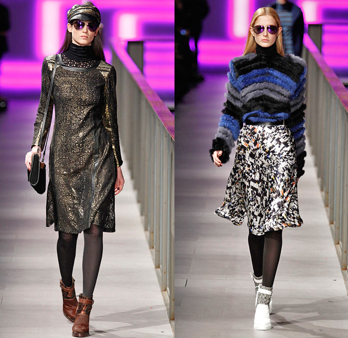 Custo Barcelona 2014-2015 Fall Autumn Winter Womens Runway Looks Fashion - 080 Barcelona Fashion Week - Furry Stripes Camouflage Outerwear Coat Vest Waistcoat Dress Skirt Frock Sheer Chiffon Mesh Lace Peekaboo Blouse Wool Leggings Prints Ornamental Embellished Embroidery Multi-Panel Half n Half Abstract Geometric Flowers Florals Fringes Tunic