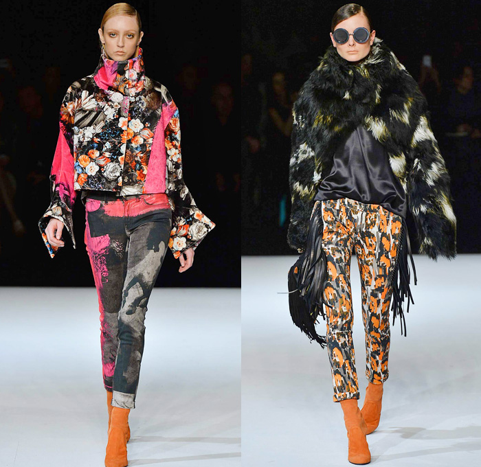 Just Cavalli 2014-2015 Fall Autumn Winter Womens Runway Looks - Milano Moda Donna Milan Fashion Week - Camera Nazionale della Moda Italiana - Printed Abstract Denim Jeans Art Flowers Florals Furry Outerwear Coat Jacket Boots Fringes Leather Biker Motorcycle Crop Top Midriff Knit Sweater Grommets Frayed Turtleneck Curved Hem Dress Roosters Leopard