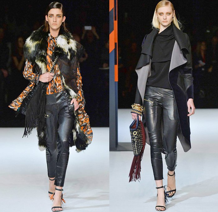 Just Cavalli 2014-2015 Fall Autumn Winter Womens Runway Looks - Milano Moda Donna Milan Fashion Week - Camera Nazionale della Moda Italiana - Printed Abstract Denim Jeans Art Flowers Florals Furry Outerwear Coat Jacket Boots Fringes Leather Biker Motorcycle Crop Top Midriff Knit Sweater Grommets Frayed Turtleneck Curved Hem Dress Roosters Leopard