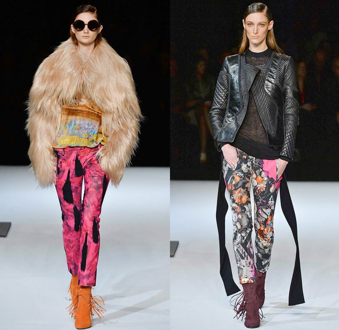 Just Cavalli 2014-2015 Fall Autumn Winter Womens Runway Looks - Milano Moda Donna Milan Fashion Week - Camera Nazionale della Moda Italiana - Printed Abstract Denim Jeans Art Flowers Florals Furry Outerwear Coat Jacket Boots Fringes Leather Biker Motorcycle Crop Top Midriff Knit Sweater Grommets Frayed Turtleneck Curved Hem Dress Roosters Leopard