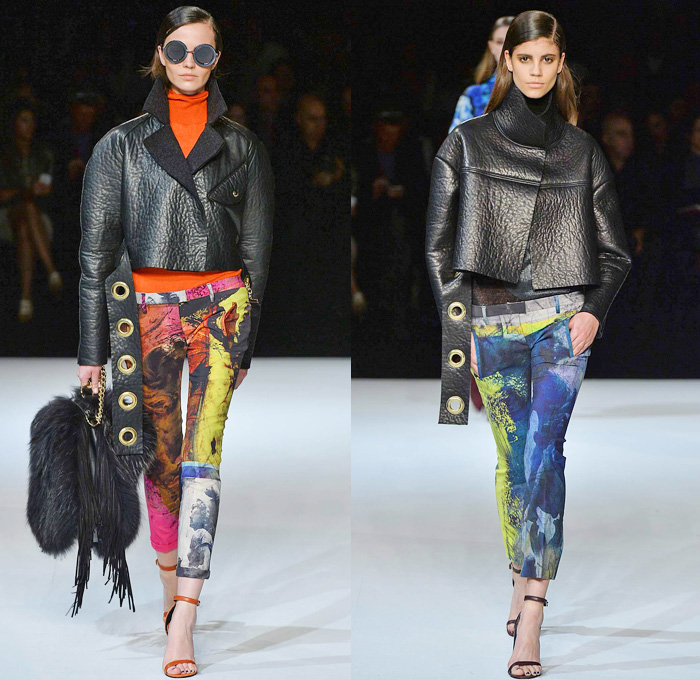 Just Cavalli 2014-2015 Fall Autumn Winter Womens Runway Looks - Milano Moda Donna Milan Fashion Week - Camera Nazionale della Moda Italiana - Printed Abstract Denim Jeans Art Flowers Florals Furry Outerwear Coat Jacket Boots Fringes Leather Biker Motorcycle Crop Top Midriff Knit Sweater Grommets Frayed Turtleneck Curved Hem Dress Roosters Leopard