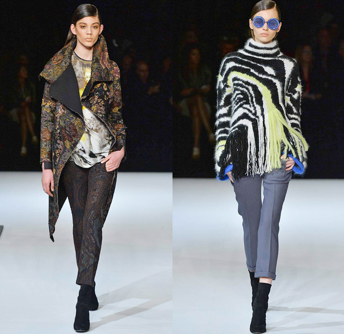 Just Cavalli 2014-2015 Fall Autumn Winter Womens Runway Looks - Milano Moda Donna Milan Fashion Week - Camera Nazionale della Moda Italiana - Printed Abstract Denim Jeans Art Flowers Florals Furry Outerwear Coat Jacket Boots Fringes Leather Biker Motorcycle Crop Top Midriff Knit Sweater Grommets Frayed Turtleneck Curved Hem Dress Roosters Leopard