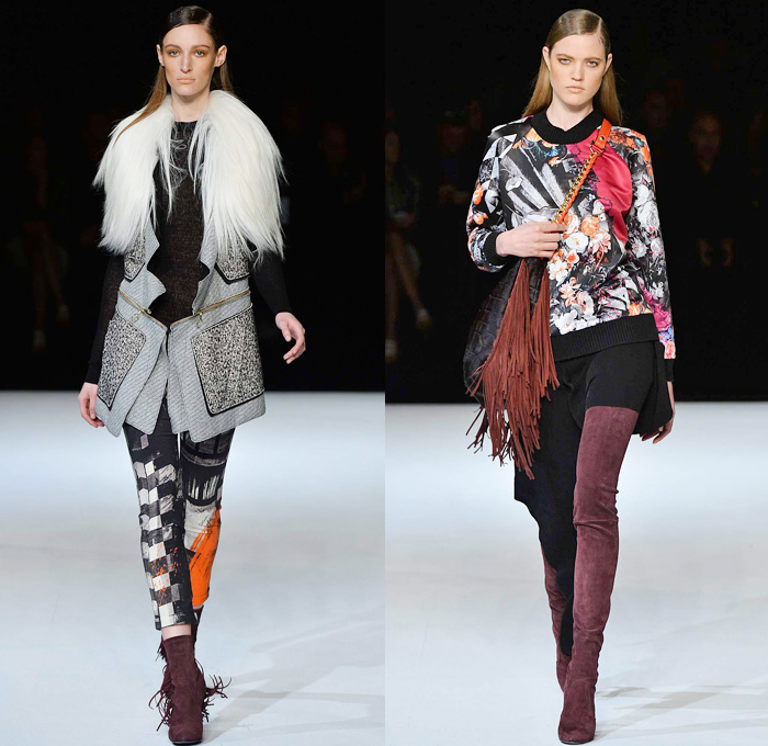 Just Cavalli 2014-2015 Fall Autumn Winter Womens Runway Looks - Milano Moda Donna Milan Fashion Week - Camera Nazionale della Moda Italiana - Printed Abstract Denim Jeans Art Flowers Florals Furry Outerwear Coat Jacket Boots Fringes Leather Biker Motorcycle Crop Top Midriff Knit Sweater Grommets Frayed Turtleneck Curved Hem Dress Roosters Leopard