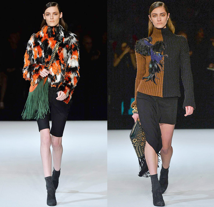 Just Cavalli 2014-2015 Fall Autumn Winter Womens Runway Looks - Milano Moda Donna Milan Fashion Week - Camera Nazionale della Moda Italiana - Printed Abstract Denim Jeans Art Flowers Florals Furry Outerwear Coat Jacket Boots Fringes Leather Biker Motorcycle Crop Top Midriff Knit Sweater Grommets Frayed Turtleneck Curved Hem Dress Roosters Leopard