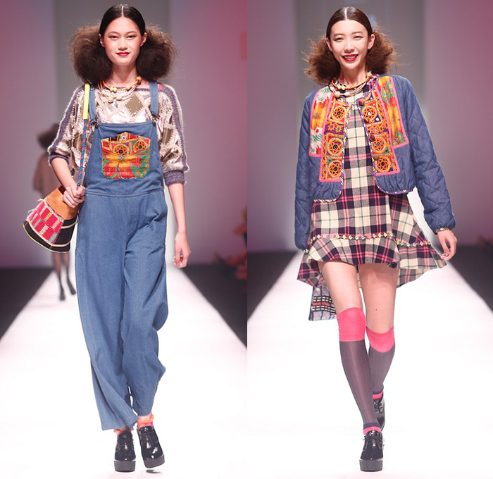 YYO presents Celia B 2014-2015 Fall Autumn Winter Womens Runway Looks - Shanghai Fashion Week China Designer Celia Bernardo - Denim Jeans One Piece Onesie Overalls Bib Brace Knit Sweater Jumper Jacket Frock Plaid Multi-Panel Ornamental Print Decorative Art Silk Crop Top Midriff Wide Leg Palazzo Pants Furry Colorful One Off Shoulder Geometric Peek-A-Boo Dress Ribbon Circle Poodle Skirt Patchwork Quilt Fringes Crochet Stockings Ruffles Mesh Stripes