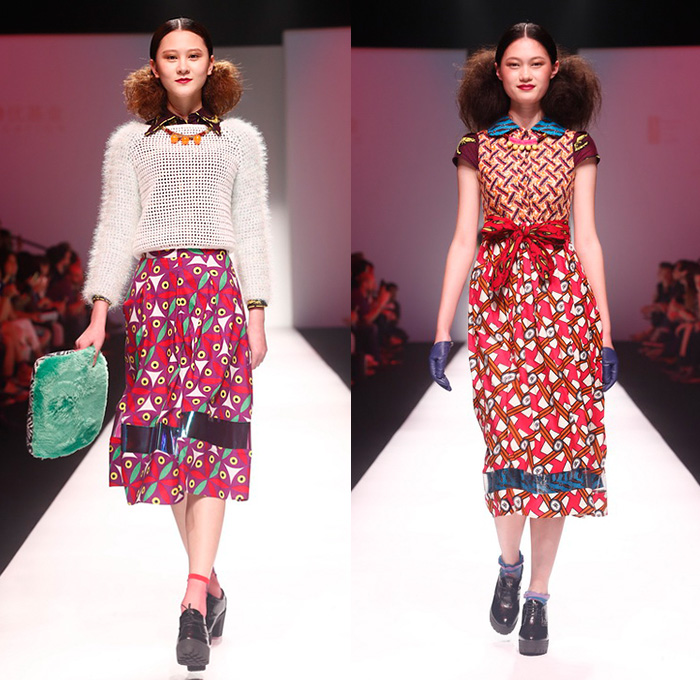 YYO presents Celia B 2014-2015 Fall Autumn Winter Womens Runway Looks - Shanghai Fashion Week China Designer Celia Bernardo - Denim Jeans One Piece Onesie Overalls Bib Brace Knit Sweater Jumper Jacket Frock Plaid Multi-Panel Ornamental Print Decorative Art Silk Crop Top Midriff Wide Leg Palazzo Pants Furry Colorful One Off Shoulder Geometric Peek-A-Boo Dress Ribbon Circle Poodle Skirt Patchwork Quilt Fringes Crochet Stockings Ruffles Mesh Stripes