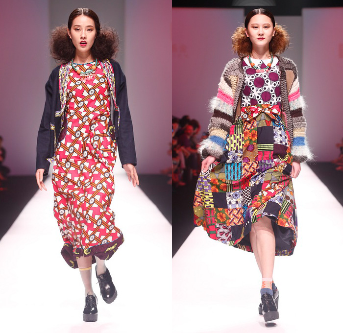 YYO presents Celia B 2014-2015 Fall Autumn Winter Womens Runway Looks - Shanghai Fashion Week China Designer Celia Bernardo - Denim Jeans One Piece Onesie Overalls Bib Brace Knit Sweater Jumper Jacket Frock Plaid Multi-Panel Ornamental Print Decorative Art Silk Crop Top Midriff Wide Leg Palazzo Pants Furry Colorful One Off Shoulder Geometric Peek-A-Boo Dress Ribbon Circle Poodle Skirt Patchwork Quilt Fringes Crochet Stockings Ruffles Mesh Stripes