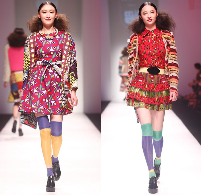 YYO presents Celia B 2014-2015 Fall Autumn Winter Womens Runway Looks - Shanghai Fashion Week China Designer Celia Bernardo - Denim Jeans One Piece Onesie Overalls Bib Brace Knit Sweater Jumper Jacket Frock Plaid Multi-Panel Ornamental Print Decorative Art Silk Crop Top Midriff Wide Leg Palazzo Pants Furry Colorful One Off Shoulder Geometric Peek-A-Boo Dress Ribbon Circle Poodle Skirt Patchwork Quilt Fringes Crochet Stockings Ruffles Mesh Stripes