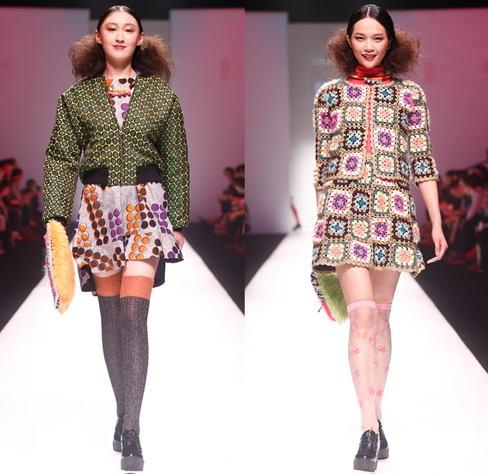 YYO presents Celia B 2014-2015 Fall Autumn Winter Womens Runway Looks - Shanghai Fashion Week China Designer Celia Bernardo - Denim Jeans One Piece Onesie Overalls Bib Brace Knit Sweater Jumper Jacket Frock Plaid Multi-Panel Ornamental Print Decorative Art Silk Crop Top Midriff Wide Leg Palazzo Pants Furry Colorful One Off Shoulder Geometric Peek-A-Boo Dress Ribbon Circle Poodle Skirt Patchwork Quilt Fringes Crochet Stockings Ruffles Mesh Stripes