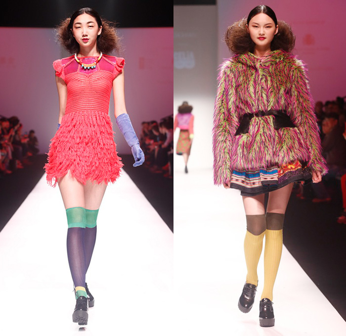 YYO presents Celia B 2014-2015 Fall Autumn Winter Womens Runway Looks - Shanghai Fashion Week China Designer Celia Bernardo - Denim Jeans One Piece Onesie Overalls Bib Brace Knit Sweater Jumper Jacket Frock Plaid Multi-Panel Ornamental Print Decorative Art Silk Crop Top Midriff Wide Leg Palazzo Pants Furry Colorful One Off Shoulder Geometric Peek-A-Boo Dress Ribbon Circle Poodle Skirt Patchwork Quilt Fringes Crochet Stockings Ruffles Mesh Stripes