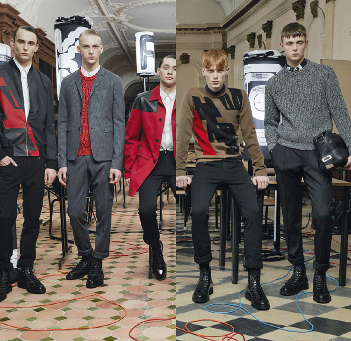 Dior Homme 2014-2015 Fall Autumn Winter Mens Lookbook Collection - Denim Jeans Outerwear Pea Trench Coat Knit Sweater Jumper Pants Trousers Multi-Panel Leather Blazer Motorcycle Biker Rider Boots Geometric Bomber Varsity Jacket Red Cargo Pockets Nautical Toggle Fasteners Button Down Shirt Hoodie Sportcoat - Paris France Style Fashion