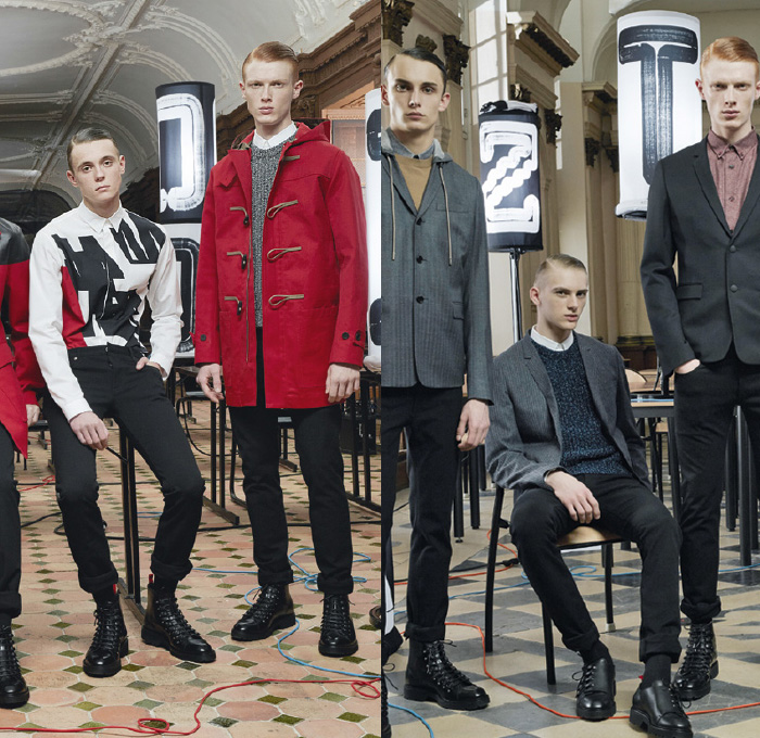 Dior Homme 2014-2015 Fall Autumn Winter Mens Lookbook Collection - Denim Jeans Outerwear Pea Trench Coat Knit Sweater Jumper Pants Trousers Multi-Panel Leather Blazer Motorcycle Biker Rider Boots Geometric Bomber Varsity Jacket Red Cargo Pockets Nautical Toggle Fasteners Button Down Shirt Hoodie Sportcoat - Paris France Style Fashion
