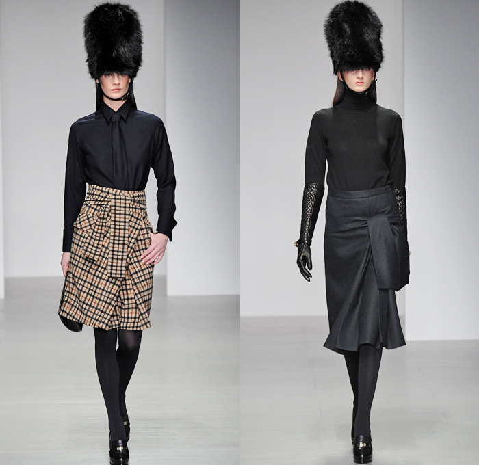 DAKS 2014-2015 Fall Autumn Winter Womens Mens Runway Looks - London Fashion Week Catwalk England British UK - Plaid House Check Bearskin Hat Necktie Skirt Frock Leggings Robe Wrap Outerwear Trench Coat Fringes Chunky Knit Scarf Duffel Bag Gold Metallic Multi-Panel Turtleneck Hanging Sleeve Boots Gloves Furry Sheer Chiffon Peekaboo Dress