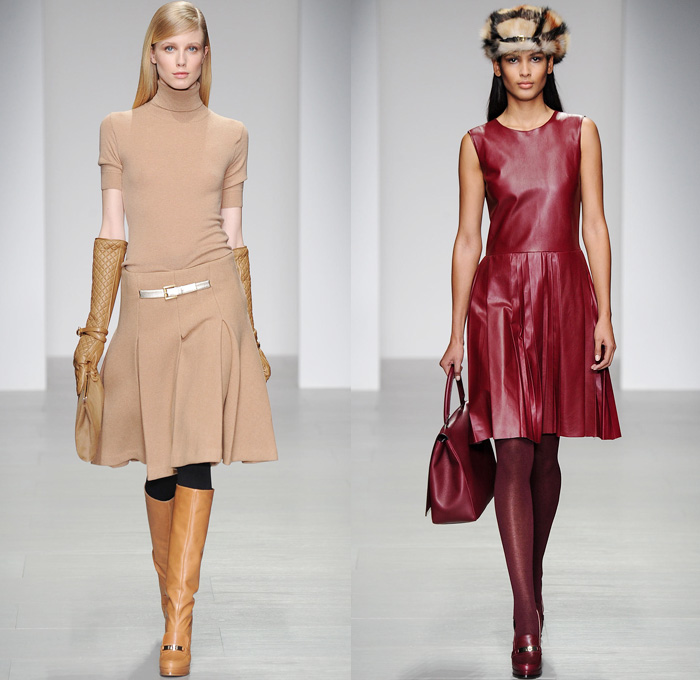 DAKS 2014-2015 Fall Autumn Winter Womens Mens Runway Looks - London Fashion Week Catwalk England British UK - Plaid House Check Bearskin Hat Necktie Skirt Frock Leggings Robe Wrap Outerwear Trench Coat Fringes Chunky Knit Scarf Duffel Bag Gold Metallic Multi-Panel Turtleneck Hanging Sleeve Boots Gloves Furry Sheer Chiffon Peekaboo Dress