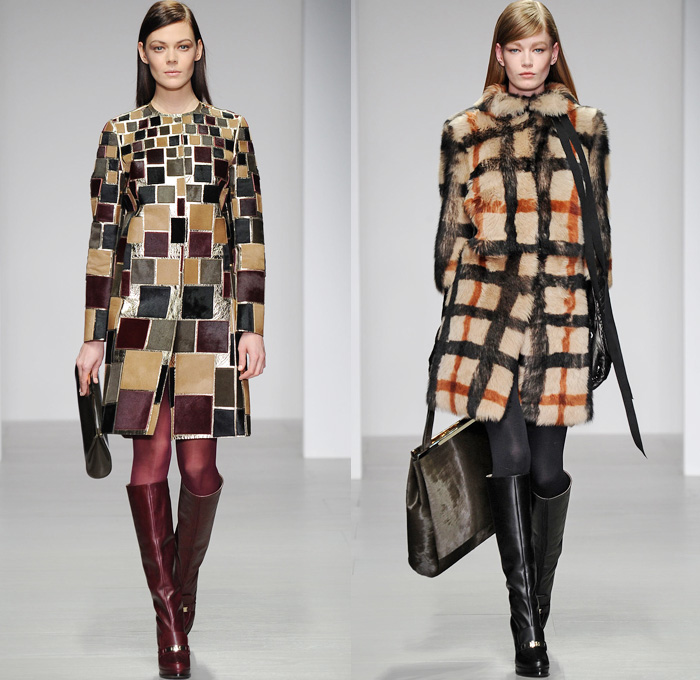 DAKS 2014-2015 Fall Autumn Winter Womens Mens Runway Looks - London Fashion Week Catwalk England British UK - Plaid House Check Bearskin Hat Necktie Skirt Frock Leggings Robe Wrap Outerwear Trench Coat Fringes Chunky Knit Scarf Duffel Bag Gold Metallic Multi-Panel Turtleneck Hanging Sleeve Boots Gloves Furry Sheer Chiffon Peekaboo Dress