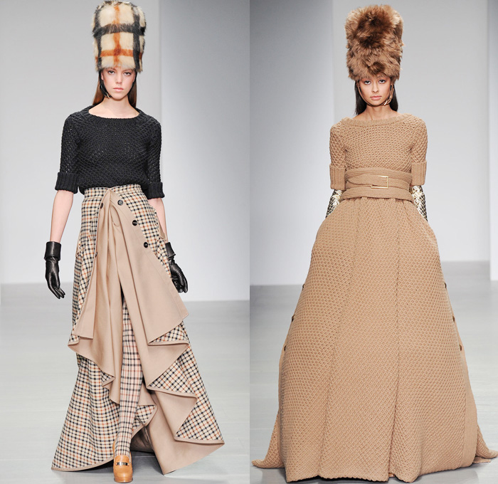 DAKS 2014-2015 Fall Autumn Winter Womens Mens Runway Looks - London Fashion Week Catwalk England British UK - Plaid House Check Bearskin Hat Necktie Skirt Frock Leggings Robe Wrap Outerwear Trench Coat Fringes Chunky Knit Scarf Duffel Bag Gold Metallic Multi-Panel Turtleneck Hanging Sleeve Boots Gloves Furry Sheer Chiffon Peekaboo Dress