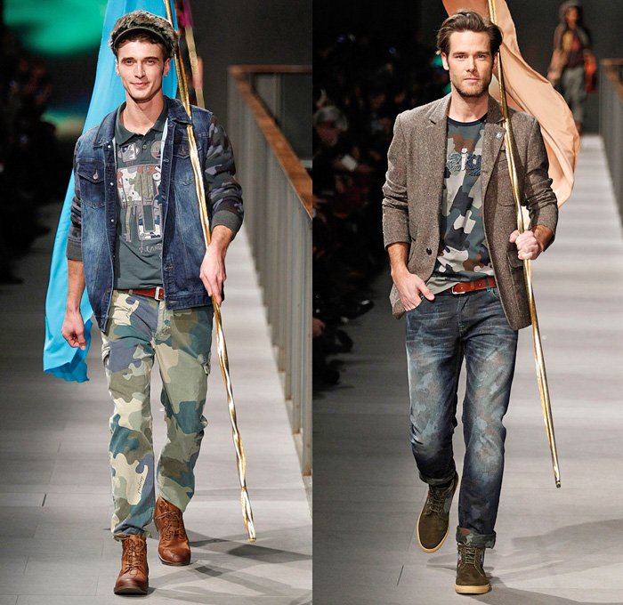 Desigual 2014-2015 Fall Autumn Winter Mens Runway Looks Fashion - 080 Barcelona Fashion Week - Why? Porque? - Denim Jeans Camouflage Vest Waistcoat Blazer Sportcoat Bomber Jacket Flamingo Graffiti Graphic Argyle Pattern