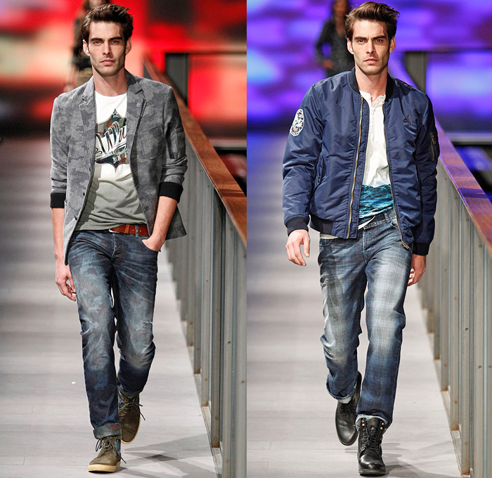 Desigual 2014-2015 Fall Autumn Winter Mens Runway Looks Fashion - 080 Barcelona Fashion Week - Why? Porque? - Denim Jeans Camouflage Vest Waistcoat Blazer Sportcoat Bomber Jacket Flamingo Graffiti Graphic Argyle Pattern