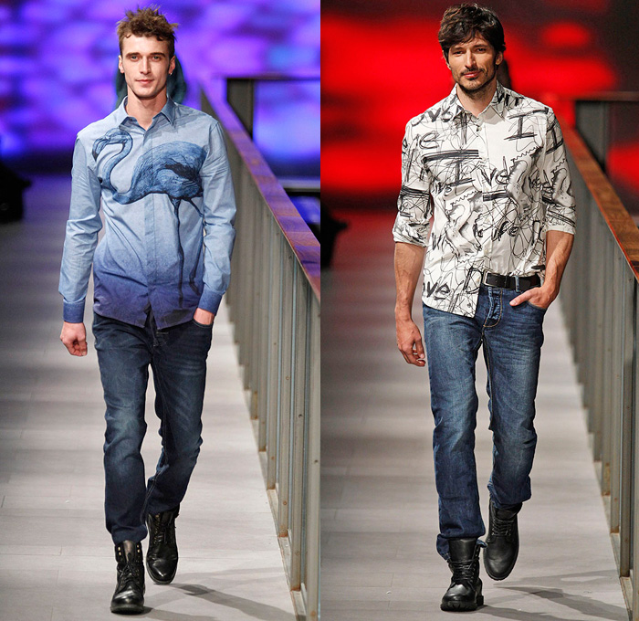 Desigual 2014-2015 Fall Autumn Winter Mens Runway Looks Fashion - 080 Barcelona Fashion Week - Why? Porque? - Denim Jeans Camouflage Vest Waistcoat Blazer Sportcoat Bomber Jacket Flamingo Graffiti Graphic Argyle Pattern